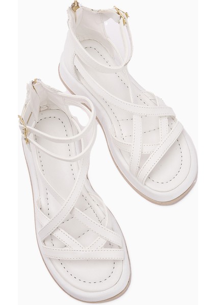 Sara Çapraz Bantlı Beyaz Kadın Sandalet Kalın Tabanlı Bilekten Tokalı modelleri