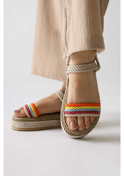 Velika Krem - Çok Renkli Kalın Tabanlı Halat Sandalet fiyatları