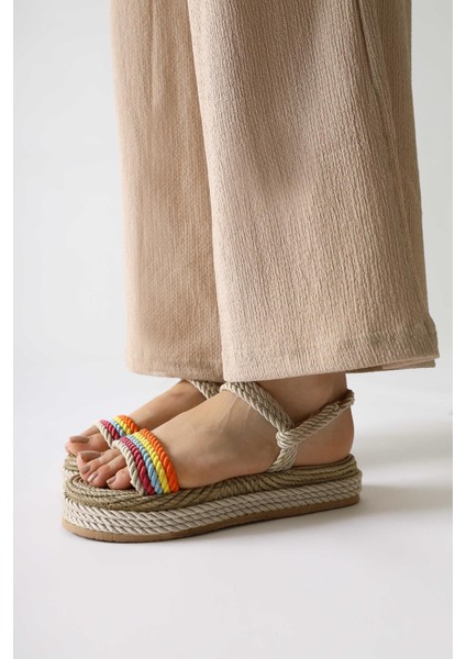 Velika Krem - Çok Renkli Kalın Tabanlı Halat Sandalet modelleri