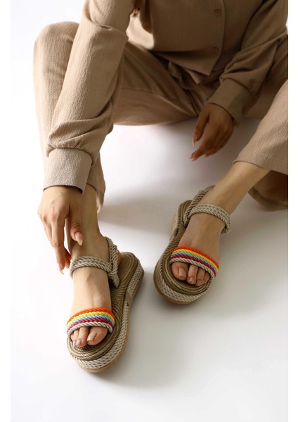 Velika Krem - Çok Renkli Kalın Tabanlı Halat Sandalet fırsatları