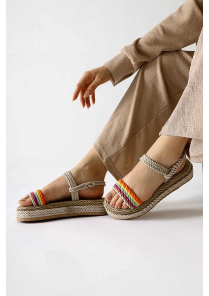 Velika Krem - Çok Renkli Kalın Tabanlı Halat Sandalet indirimleri
