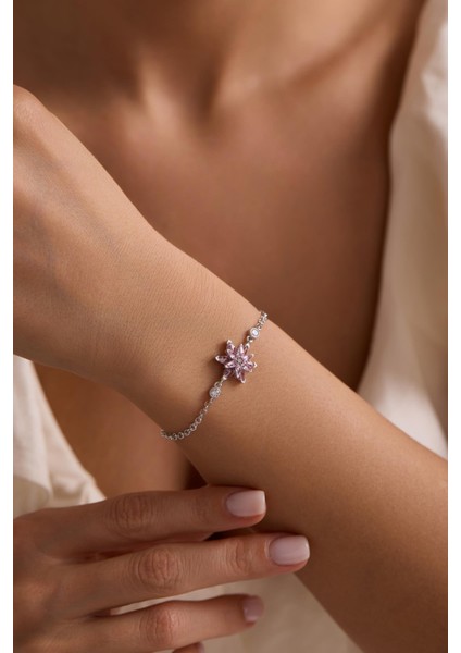 925 Ayar Gümüş Rodyum Kaplama Doç Zincirli Pembe Taşlı Lotus Çiçeği Bileklik fiyatları