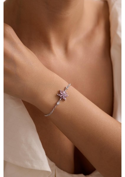 925 Ayar Gümüş Rodyum Kaplama Doç Zincirli Pembe Taşlı Lotus Çiçeği Bileklik fırsatları