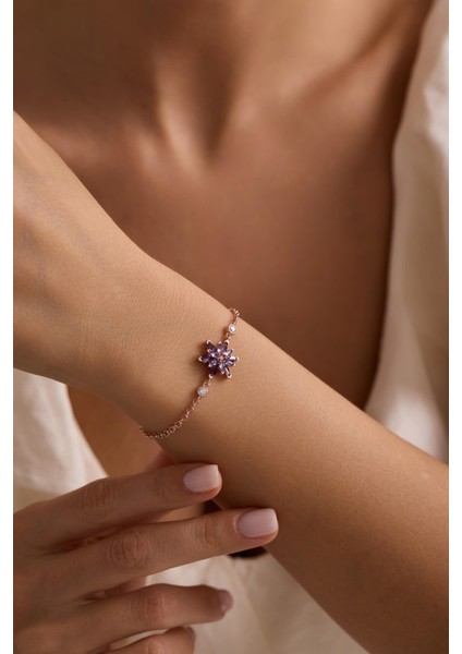 925 Ayar Gümüş Rose Kaplama Doç Zincirli Mor Taşlı Lotus Çiçeği Bileklik fiyatları