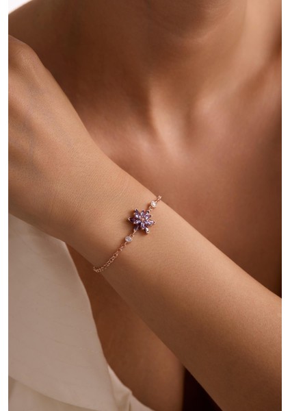 925 Ayar Gümüş Rose Kaplama Doç Zincirli Mor Taşlı Lotus Çiçeği Bileklik fırsatları