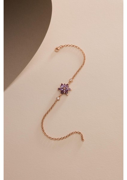 925 Ayar Gümüş Rose Kaplama Doç Zincirli Mor Taşlı Lotus Çiçeği Bileklik indirimleri