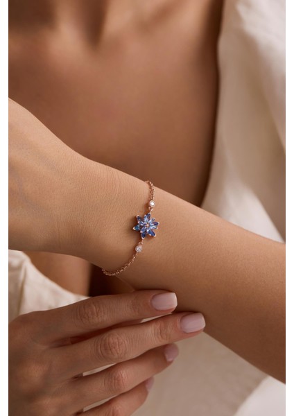 925 Ayar Gümüş Rose Kaplama Doç Zincirli Aquamarin Taşlı Lotus Çiçeği Bileklik