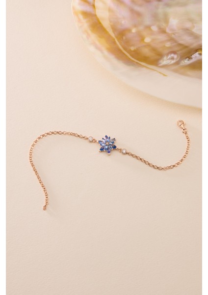 925 Ayar Gümüş Rose Kaplama Doç Zincirli Aquamarin Taşlı Lotus Çiçeği Bileklik fiyatları