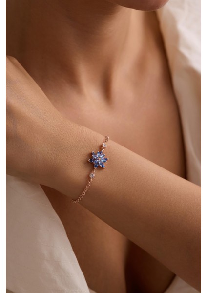 925 Ayar Gümüş Rose Kaplama Doç Zincirli Aquamarin Taşlı Lotus Çiçeği Bileklik indirimleri