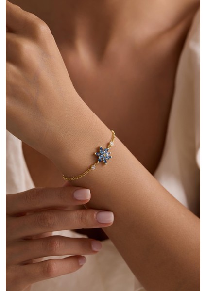 925 Ayar Gümüş Gold Kaplama Doç Zincirli Aquamarin Taşlı Lotus Çiçeği Bileklik