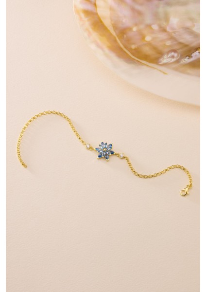 925 Ayar Gümüş Gold Kaplama Doç Zincirli Aquamarin Taşlı Lotus Çiçeği Bileklik fiyatları