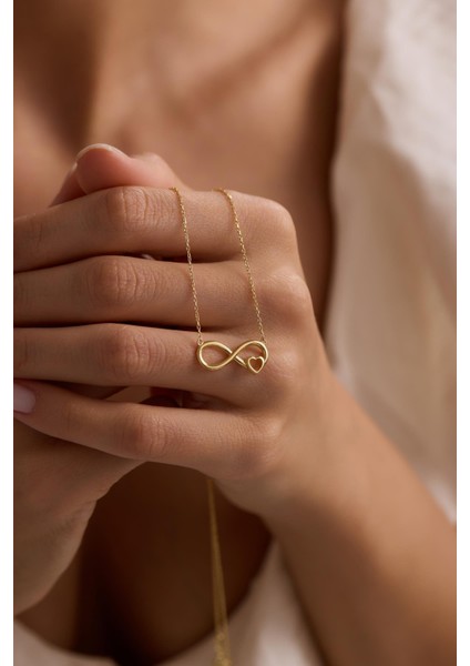925 Ayar Gümüş Gold Kaplama Sade Model Sonsuzluk Kalp Kolye fiyatları