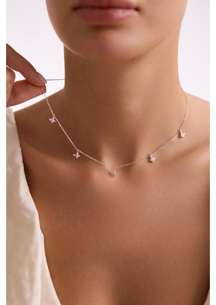 925 Ayar Gümüş Rodyum Kaplama Pembe Taşlı Şans Kelebek Kolye