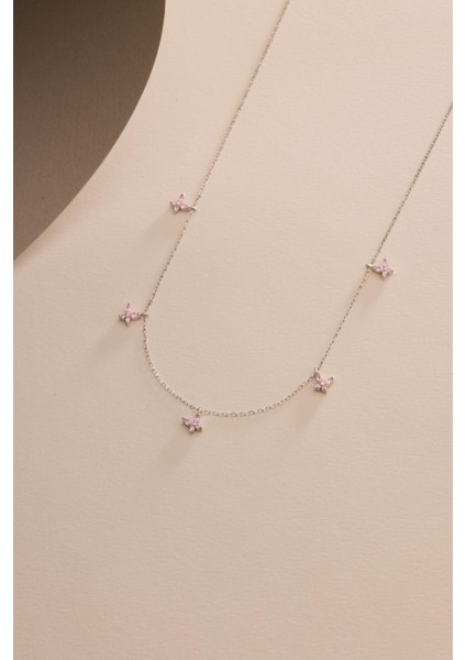 925 Ayar Gümüş Rodyum Kaplama Pembe Taşlı Şans Kelebek Kolye fiyatları