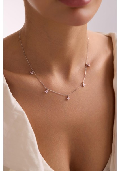 925 Ayar Gümüş Rodyum Kaplama Pembe Taşlı Şans Kelebek Kolye fırsatları