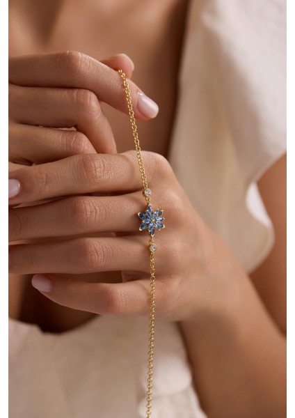 925 Ayar Gümüş Gold Kaplama Doç Zincirli Aquamarin Taşlı Lotus Çiçeği Bileklik modelleri