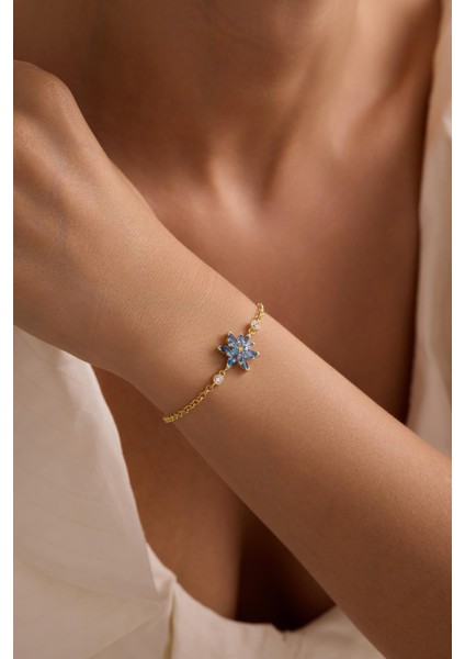 925 Ayar Gümüş Gold Kaplama Doç Zincirli Aquamarin Taşlı Lotus Çiçeği Bileklik indirimleri