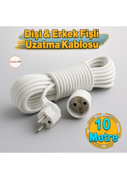 Seyyar Uzatma Kablosu 10 Metre Dişi-Erkek Fişli F19C Kalın Priz Prizli Sanayi Bahçe Elektrik Kablosu