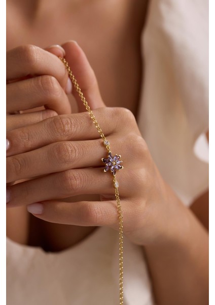 925 Ayar Gümüş Gold Kaplama Doç Zincirli Mor Taşlı Lotus Çiçeği Bileklik