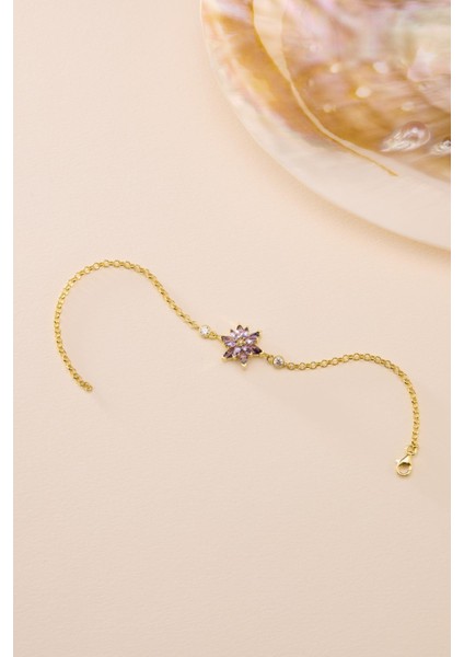 925 Ayar Gümüş Gold Kaplama Doç Zincirli Mor Taşlı Lotus Çiçeği Bileklik fiyatları