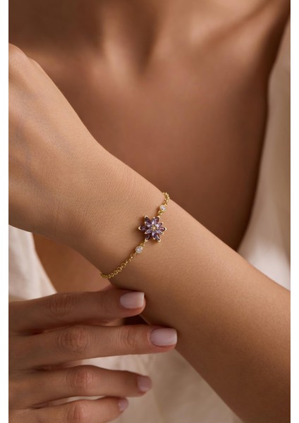 925 Ayar Gümüş Gold Kaplama Doç Zincirli Mor Taşlı Lotus Çiçeği Bileklik modelleri