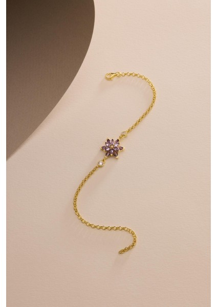 925 Ayar Gümüş Gold Kaplama Doç Zincirli Mor Taşlı Lotus Çiçeği Bileklik fırsatları
