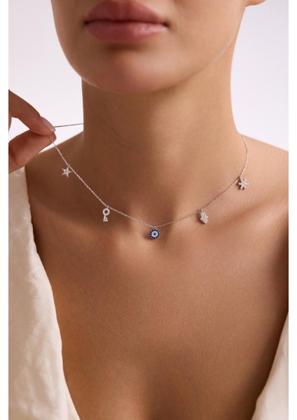 925 Ayar Gümüş Rodyum Kaplama 5 Figürlü Şans Kolye