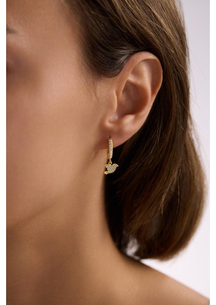 925 Ayar Gümüş Gold Kaplama 10 mm Sallantılı Kuş Model Küpe modelleri