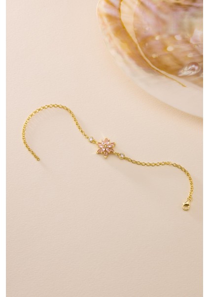 925 Ayar Gümüş Gold Kaplama Doç Zincirli Pembe Taşlı Lotus Çiçeği Bileklik