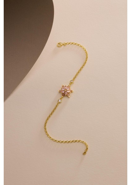 925 Ayar Gümüş Gold Kaplama Doç Zincirli Pembe Taşlı Lotus Çiçeği Bileklik fırsatları