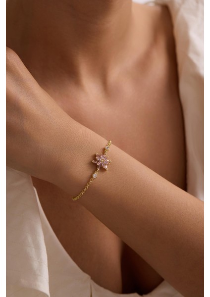 925 Ayar Gümüş Gold Kaplama Doç Zincirli Pembe Taşlı Lotus Çiçeği Bileklik indirimleri