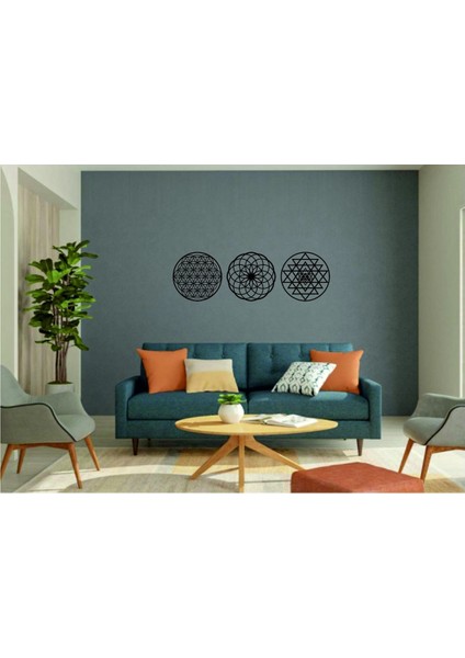 Yaşam Çiçeği Sri Yantra 3'lü Mdf Duvar Dekorasyon Lazer Kesim Her Biri 30x30 Cm