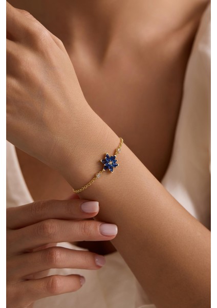 925 Ayar Gümüş Gold Kaplama Doç Zincirli Mavi Taşlı Lotus Çiçeği Bileklik modelleri