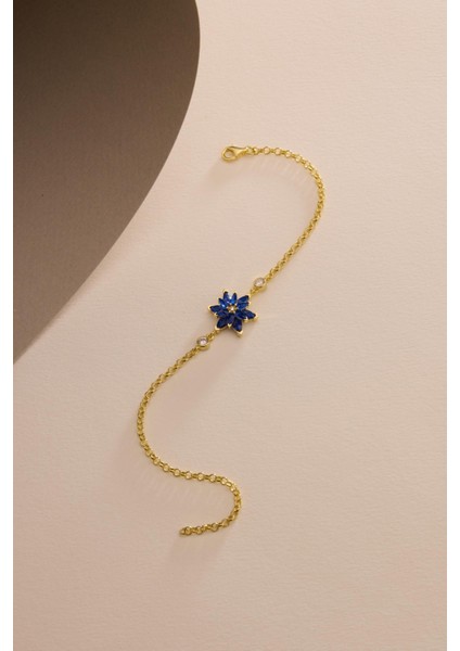 925 Ayar Gümüş Gold Kaplama Doç Zincirli Mavi Taşlı Lotus Çiçeği Bileklik fırsatları