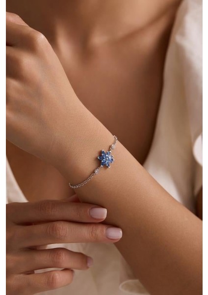 925 Ayar Gümüş Rodyum Kaplama Doç Zincirli Aquamarin Taşlı Lotus Çiçeği Bileklik modelleri