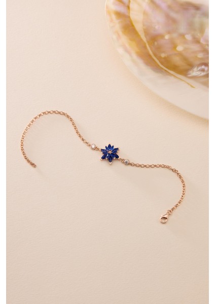 925 Ayar Gümüş Rose Kaplama Doç Zincirli Mavi Taşlı Lotus Çiçeği Bileklik fiyatları