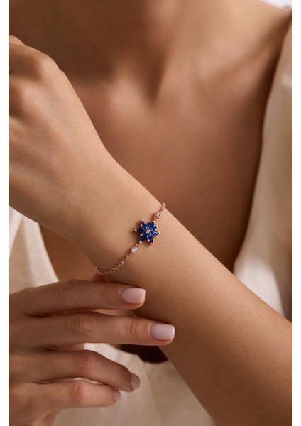 925 Ayar Gümüş Rose Kaplama Doç Zincirli Mavi Taşlı Lotus Çiçeği Bileklik modelleri