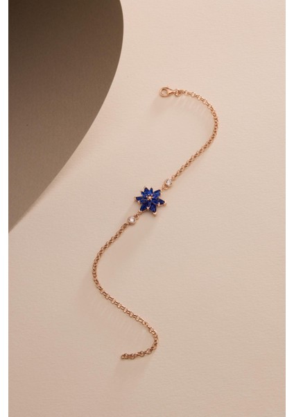 925 Ayar Gümüş Rose Kaplama Doç Zincirli Mavi Taşlı Lotus Çiçeği Bileklik fırsatları