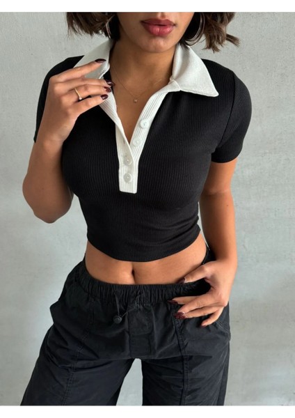 Bürümcük Polo Yaka Düğmeli Crop