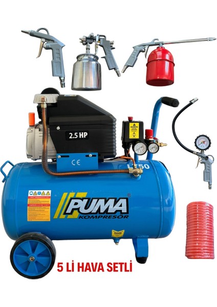 50 Lt Kompresör 5 Li Havalı Setli 2.5 Hp Yağlı Hortum Hava Boya Mazot Lastik Şişirme Aparatları
