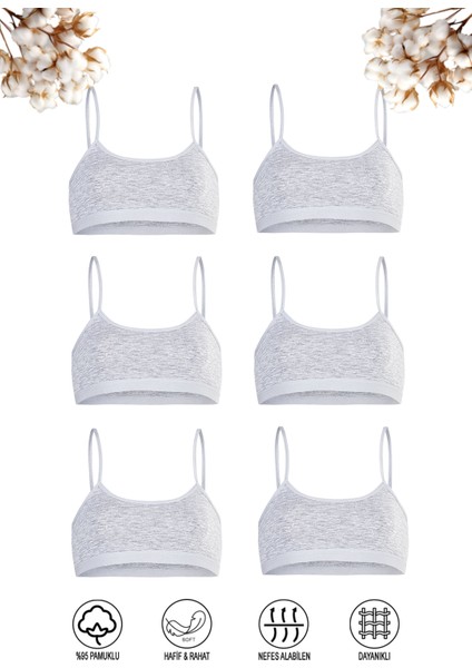 42324 6'lı Paket Kız Çocuk Pamuklu Süprem Esnek Rahat Pedsiz Ince Askılı Alıştırma Sütyeni Yarım Atlet Büstiyer