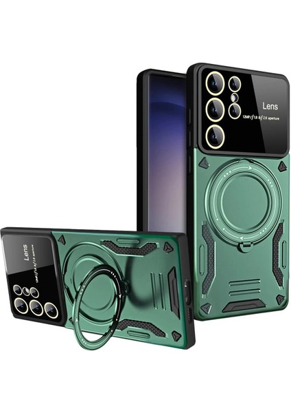Samsung Galaxy S24 Ultra Kılıf Joy Lens Standlı Kapak - Koyu Yeşil Arbkd