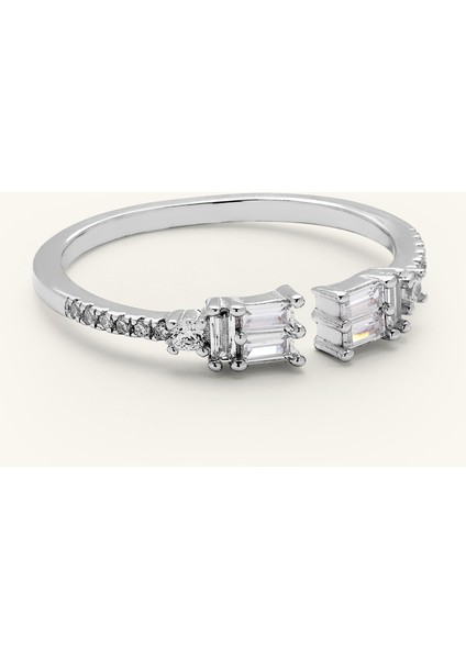 Baget Zirkon Taşlı Arası Açık Ince Yüzük Gümüş Renk