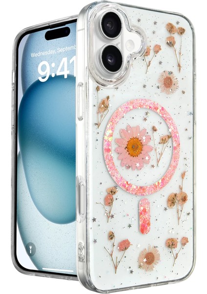 Iphone 16 Kılıf Daisy Simli Magsafe Kapak - Pembe Arbkd