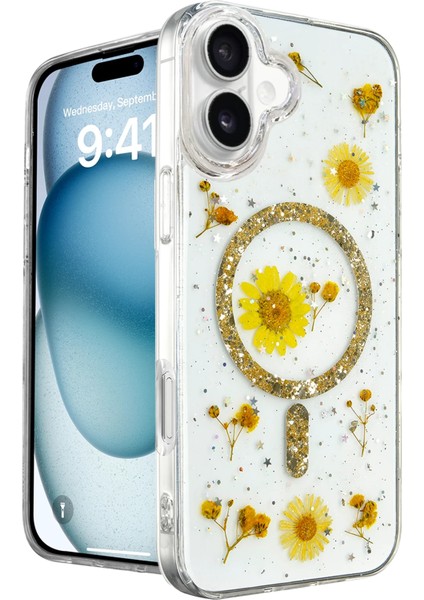 Iphone 16 Kılıf Daisy Simli Magsafe Kapak - Gold Arbkd