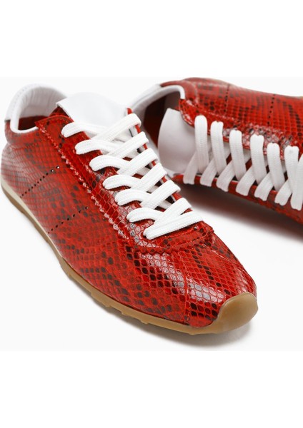 Hakiki Deri Alisa Kırmızı Kroko Deri Baskılı Bağcıklı Günlük Kadın Ayakkabı