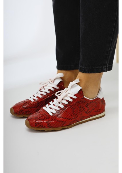 Hakiki Deri Alisa Kırmızı Kroko Deri Baskılı Bağcıklı Günlük Kadın Ayakkabı modelleri