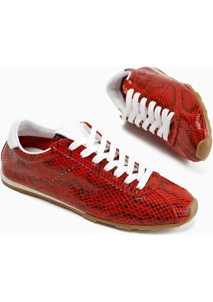 Hakiki Deri Alisa Kırmızı Kroko Deri Baskılı Bağcıklı Günlük Kadın Ayakkabı fırsatları