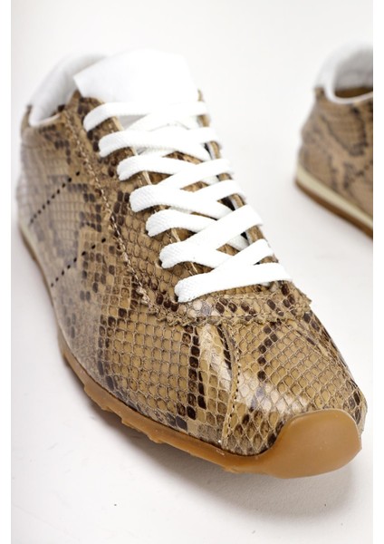 Hakiki Deri Alisa Bej Kroko Deri Baskılı Bağcıklı Günlük Kadın Ayakkabı