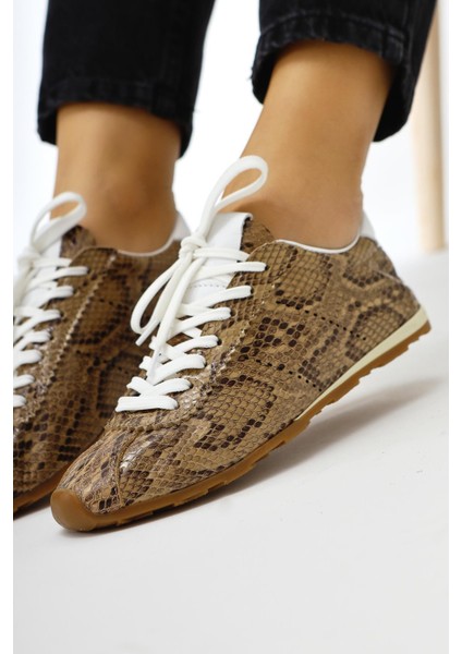 Hakiki Deri Alisa Bej Kroko Deri Baskılı Bağcıklı Günlük Kadın Ayakkabı fiyatları